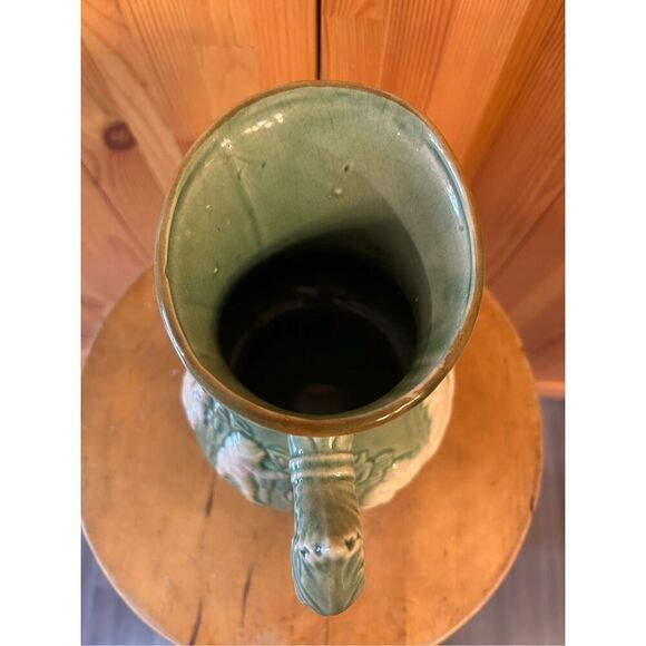 Vintage Glazed Pottery Majolica Figural 8-1/2" High Green Pitcher Japan (8877) - Picture 5 of 7